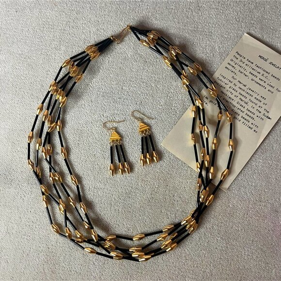 Vintage Boston Museum of Fine Arts Repro Meroe Black Glass Bead and 14K Gold Set